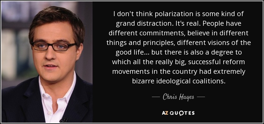 I don't think polarization is some kind of grand distraction. It's real. People have different commitments, believe in different things and principles, different visions of the good life ... but there is also a degree to which all the really big, successful reform movements in the country had extremely bizarre ideological coalitions. - Chris Hayes