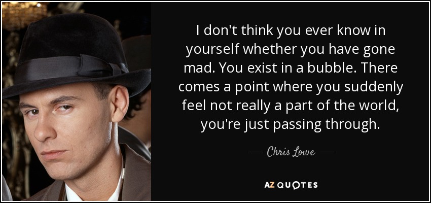 I don't think you ever know in yourself whether you have gone mad. You exist in a bubble. There comes a point where you suddenly feel not really a part of the world, you're just passing through. - Chris Lowe