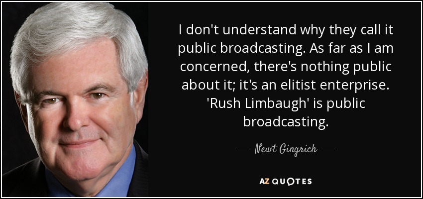 I don't understand why they call it public broadcasting. As far as I am concerned, there's nothing public about it; it's an elitist enterprise. 'Rush Limbaugh' is public broadcasting. - Newt Gingrich