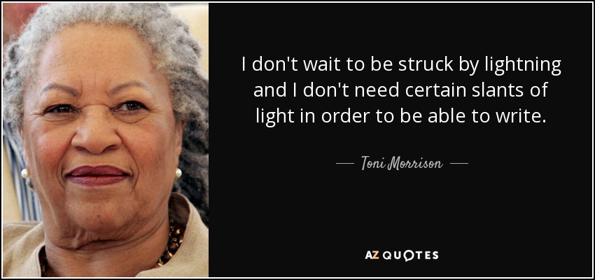 I don't wait to be struck by lightning and I don't need certain slants of light in order to be able to write. - Toni Morrison