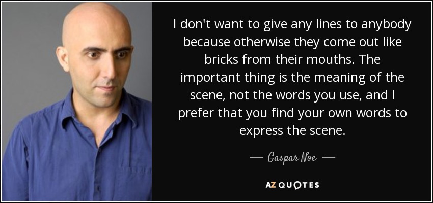 I don't want to give any lines to anybody because otherwise they come out like bricks from their mouths. The important thing is the meaning of the scene, not the words you use, and I prefer that you find your own words to express the scene. - Gaspar Noe