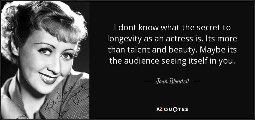 I dont know what the secret to longevity as an actress is. Its more than talent and beauty. Maybe its the audience seeing itself in you. - Joan Blondell