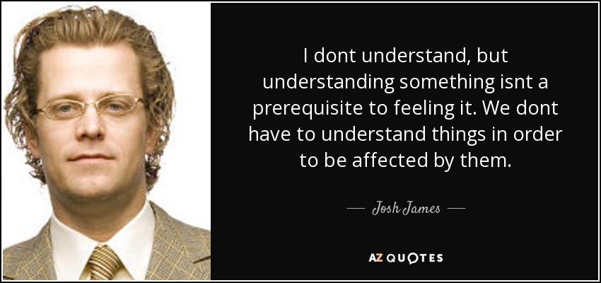 I dont understand, but understanding something isnt a prerequisite to feeling it. We dont have to understand things in order to be affected by them. - Josh James