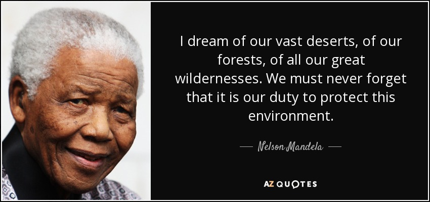 I dream of our vast deserts, of our forests, of all our great wildernesses. We must never forget that it is our duty to protect this environment. - Nelson Mandela
