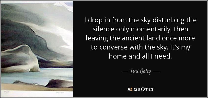 I drop in from the sky disturbing the silence only momentarily, then leaving the ancient land once more to converse with the sky. It's my home and all I need. - Toni Onley