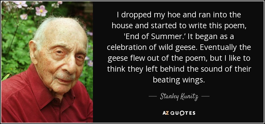 I dropped my hoe and ran into the house and started to write this poem, 'End of Summer.’ It began as a celebration of wild geese. Eventually the geese flew out of the poem, but I like to think they left behind the sound of their beating wings. - Stanley Kunitz