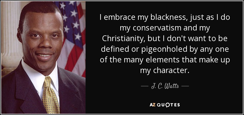 I embrace my blackness, just as I do my conservatism and my Christianity, but I don't want to be defined or pigeonholed by any one of the many elements that make up my character. - J. C. Watts