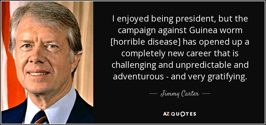 I enjoyed being president, but the campaign against Guinea worm [horrible disease] has opened up a completely new career that is challenging and unpredictable and adventurous - and very gratifying. - Jimmy Carter