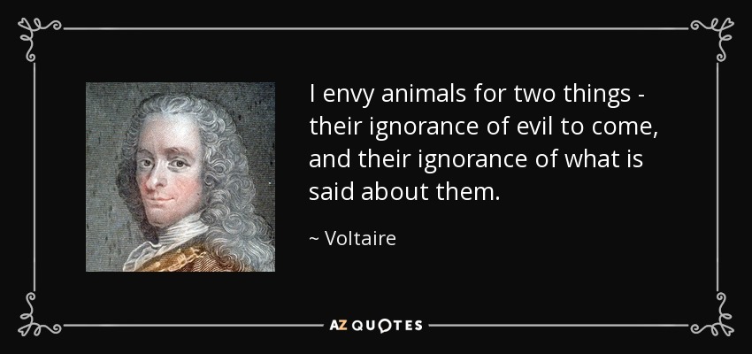 I envy animals for two things - their ignorance of evil to come, and their ignorance of what is said about them. - Voltaire