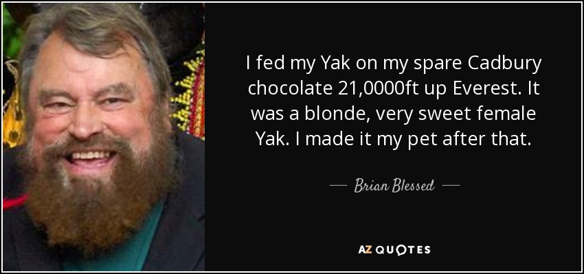 I fed my Yak on my spare Cadbury chocolate 21,0000ft up Everest. It was a blonde, very sweet female Yak. I made it my pet after that. - Brian Blessed