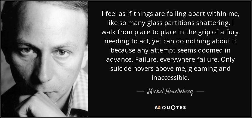 I feel as if things are falling apart within me, like so many glass partitions shattering. I walk from place to place in the grip of a fury, needing to act, yet can do nothing about it because any attempt seems doomed in advance. Failure, everywhere failure. Only suicide hovers above me, gleaming and inaccessible. - Michel Houellebecq