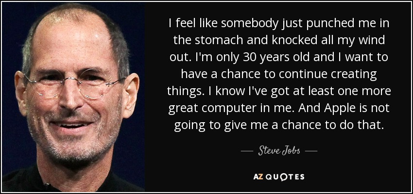I feel like somebody just punched me in the stomach and knocked all my wind out. I'm only 30 years old and I want to have a chance to continue creating things. I know I've got at least one more great computer in me. And Apple is not going to give me a chance to do that. - Steve Jobs
