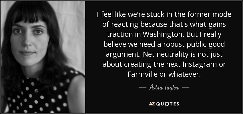 I feel like we're stuck in the former mode of reacting because that's what gains traction in Washington. But I really believe we need a robust public good argument. Net neutrality is not just about creating the next Instagram or Farmville or whatever. - Astra Taylor