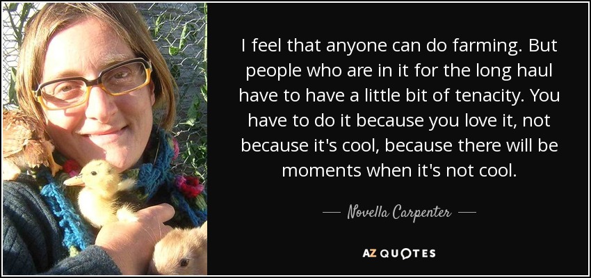 I feel that anyone can do farming. But people who are in it for the long haul have to have a little bit of tenacity. You have to do it because you love it, not because it's cool, because there will be moments when it's not cool. - Novella Carpenter