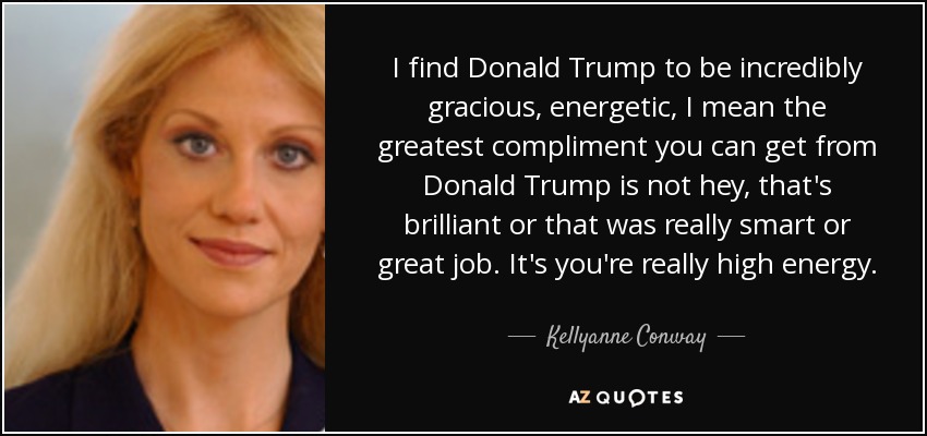 I find Donald Trump to be incredibly gracious, energetic, I mean the greatest compliment you can get from Donald Trump is not hey, that's brilliant or that was really smart or great job. It's you're really high energy. - Kellyanne Conway