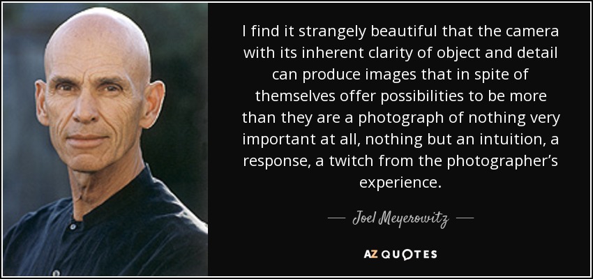 I find it strangely beautiful that the camera with its inherent clarity of object and detail can produce images that in spite of themselves offer possibilities to be more than they are a photograph of nothing very important at all, nothing but an intuition, a response, a twitch from the photographer’s experience. - Joel Meyerowitz