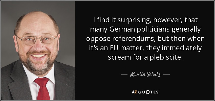 I find it surprising, however, that many German politicians generally oppose referendums, but then when it's an EU matter, they immediately scream for a plebiscite. - Martin Schulz