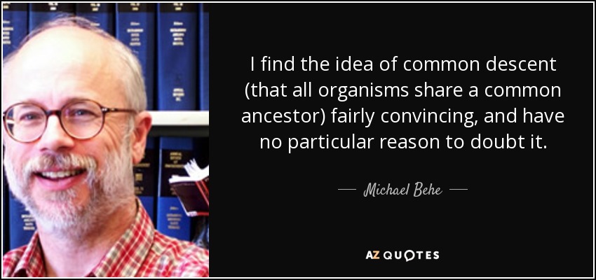 I find the idea of common descent (that all organisms share a common ancestor) fairly convincing, and have no particular reason to doubt it. - Michael Behe