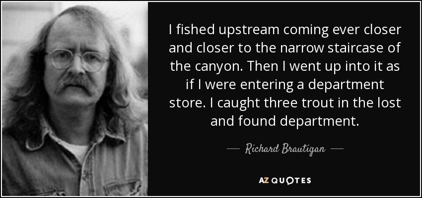I fished upstream coming ever closer and closer to the narrow staircase of the canyon. Then I went up into it as if I were entering a department store. I caught three trout in the lost and found department. - Richard Brautigan