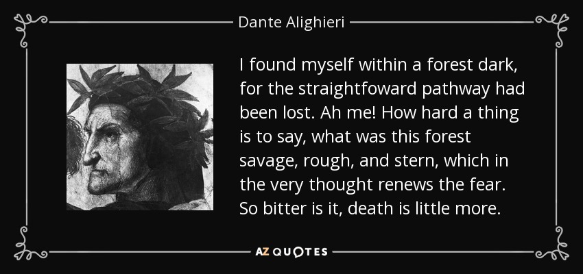 I found myself within a forest dark, for the straightfoward pathway had been lost. Ah me! How hard a thing is to say, what was this forest savage, rough, and stern, which in the very thought renews the fear. So bitter is it, death is little more. - Dante Alighieri