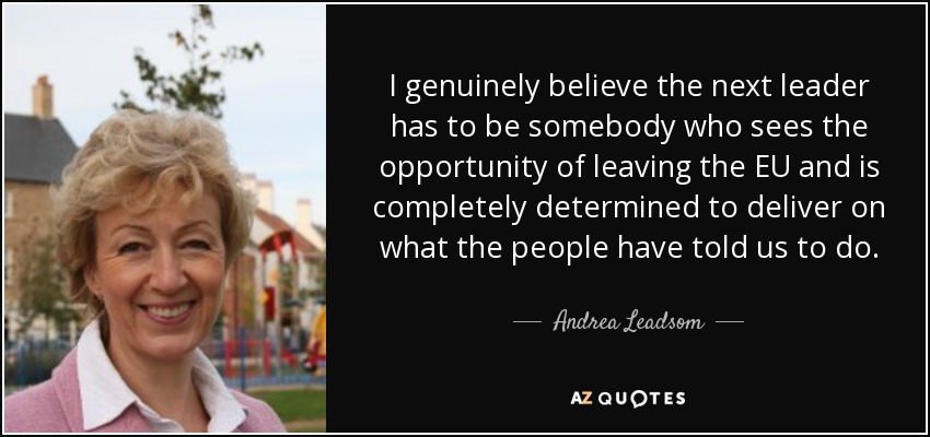 I genuinely believe the next leader has to be somebody who sees the opportunity of leaving the EU and is completely determined to deliver on what the people have told us to do. - Andrea Leadsom