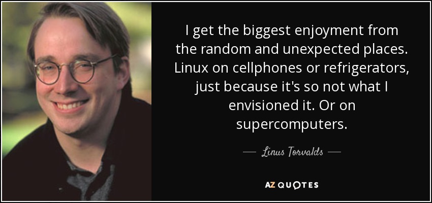 I get the biggest enjoyment from the random and unexpected places. Linux on cellphones or refrigerators, just because it's so not what I envisioned it. Or on supercomputers. - Linus Torvalds