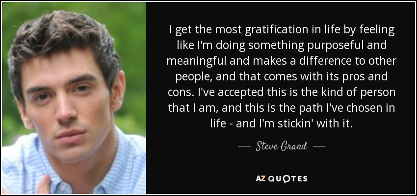 I get the most gratification in life by feeling like I'm doing something purposeful and meaningful and makes a difference to other people, and that comes with its pros and cons. I've accepted this is the kind of person that I am, and this is the path I've chosen in life - and I'm stickin' with it. - Steve Grand
