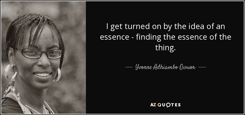 I get turned on by the idea of an essence - finding the essence of the thing. - Yvonne Adhiambo Owuor