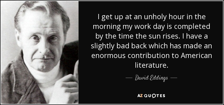 I get up at an unholy hour in the morning my work day is completed by the time the sun rises. I have a slightly bad back which has made an enormous contribution to American literature. - David Eddings