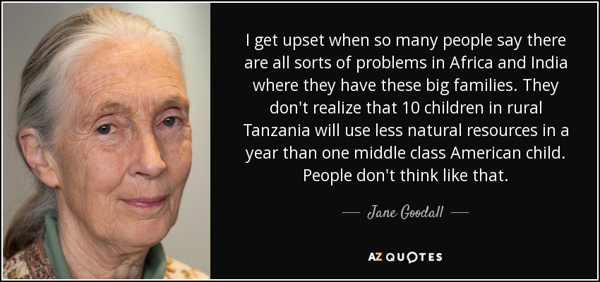 I get upset when so many people say there are all sorts of problems in Africa and India where they have these big families. They don't realize that 10 children in rural Tanzania will use less natural resources in a year than one middle class American child. People don't think like that. - Jane Goodall