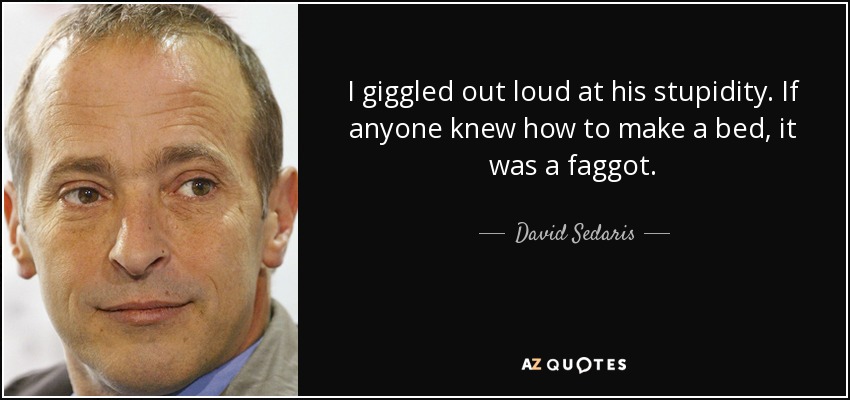 I giggled out loud at his stupidity. If anyone knew how to make a bed, it was a faggot. - David Sedaris