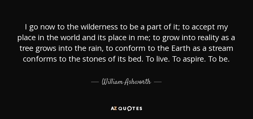 I go now to the wilderness to be a part of it; to accept my place in the world and its place in me; to grow into reality as a tree grows into the rain, to conform to the Earth as a stream conforms to the stones of its bed. To live. To aspire. To be. - William Ashworth