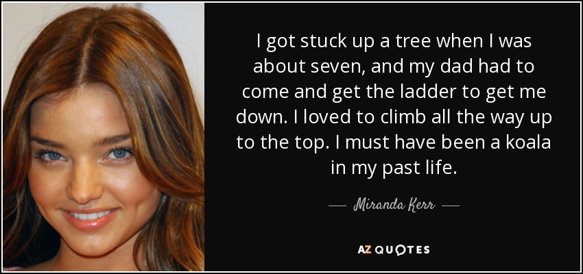 I got stuck up a tree when I was about seven, and my dad had to come and get the ladder to get me down. I loved to climb all the way up to the top. I must have been a koala in my past life. - Miranda Kerr