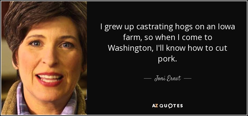 I grew up castrating hogs on an Iowa farm, so when I come to Washington, I'll know how to cut pork. - Joni Ernst