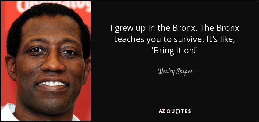 I grew up in the Bronx. The Bronx teaches you to survive. It's like, 'Bring it on!' - Wesley Snipes