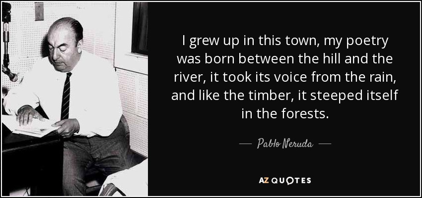 I grew up in this town, my poetry was born between the hill and the river, it took its voice from the rain, and like the timber, it steeped itself in the forests. - Pablo Neruda