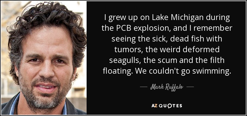 I grew up on Lake Michigan during the PCB explosion, and I remember seeing the sick, dead fish with tumors, the weird deformed seagulls, the scum and the filth floating. We couldn't go swimming. - Mark Ruffalo