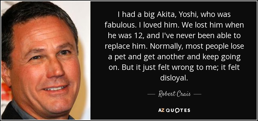 I had a big Akita, Yoshi, who was fabulous. I loved him. We lost him when he was 12, and I've never been able to replace him. Normally, most people lose a pet and get another and keep going on. But it just felt wrong to me; it felt disloyal. - Robert Crais