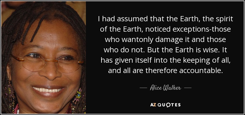 I had assumed that the Earth, the spirit of the Earth, noticed exceptions-those who wantonly damage it and those who do not. But the Earth is wise. It has given itself into the keeping of all, and all are therefore accountable. - Alice Walker