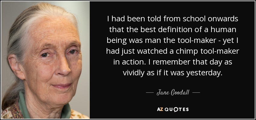 I had been told from school onwards that the best definition of a human being was man the tool-maker - yet I had just watched a chimp tool-maker in action. I remember that day as vividly as if it was yesterday. - Jane Goodall