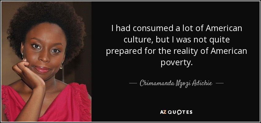 I had consumed a lot of American culture, but I was not quite prepared for the reality of American poverty. - Chimamanda Ngozi Adichie