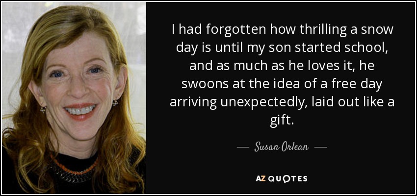 I had forgotten how thrilling a snow day is until my son started school, and as much as he loves it, he swoons at the idea of a free day arriving unexpectedly, laid out like a gift. - Susan Orlean