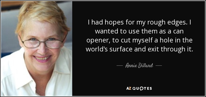 I had hopes for my rough edges. I wanted to use them as a can opener, to cut myself a hole in the world's surface and exit through it. - Annie Dillard