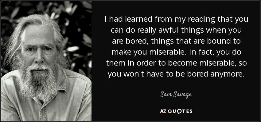 I had learned from my reading that you can do really awful things when you are bored, things that are bound to make you miserable. In fact, you do them in order to become miserable, so you won't have to be bored anymore. - Sam Savage