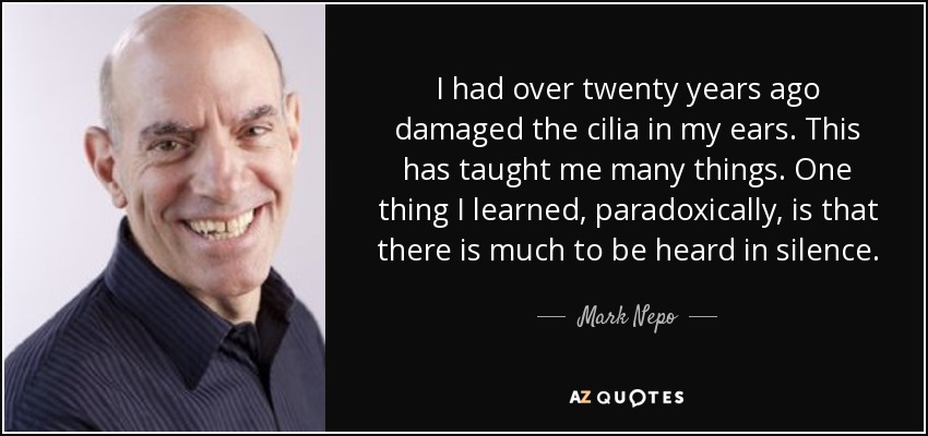 I had over twenty years ago damaged the cilia in my ears. This has taught me many things. One thing I learned, paradoxically, is that there is much to be heard in silence. - Mark Nepo