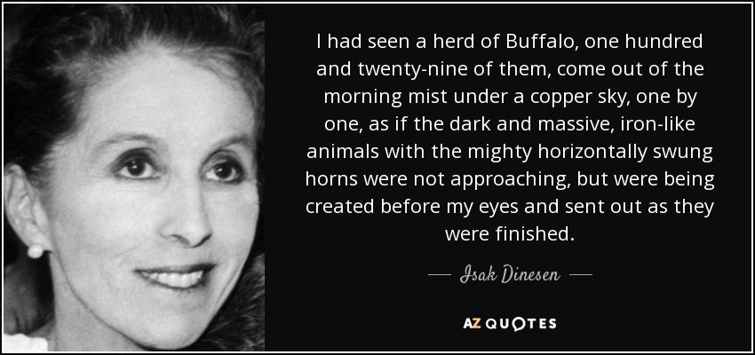 I had seen a herd of Buffalo, one hundred and twenty-nine of them, come out of the morning mist under a copper sky, one by one, as if the dark and massive, iron-like animals with the mighty horizontally swung horns were not approaching, but were being created before my eyes and sent out as they were finished. - Isak Dinesen