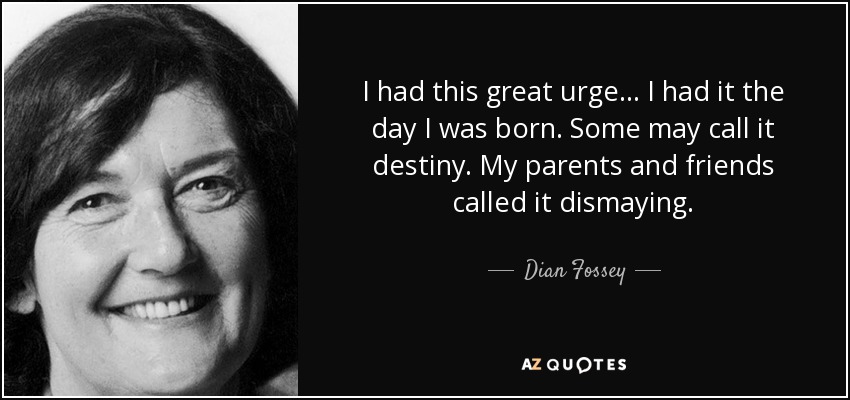 I had this great urge... I had it the day I was born. Some may call it destiny. My parents and friends called it dismaying. - Dian Fossey
