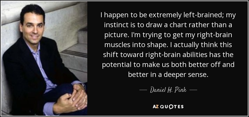 I happen to be extremely left-brained; my instinct is to draw a chart rather than a picture. I'm trying to get my right-brain muscles into shape. I actually think this shift toward right-brain abilities has the potential to make us both better off and better in a deeper sense. - Daniel H. Pink