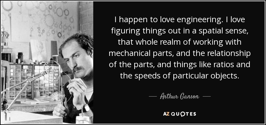 I happen to love engineering. I love figuring things out in a spatial sense, that whole realm of working with mechanical parts, and the relationship of the parts, and things like ratios and the speeds of particular objects. - Arthur Ganson