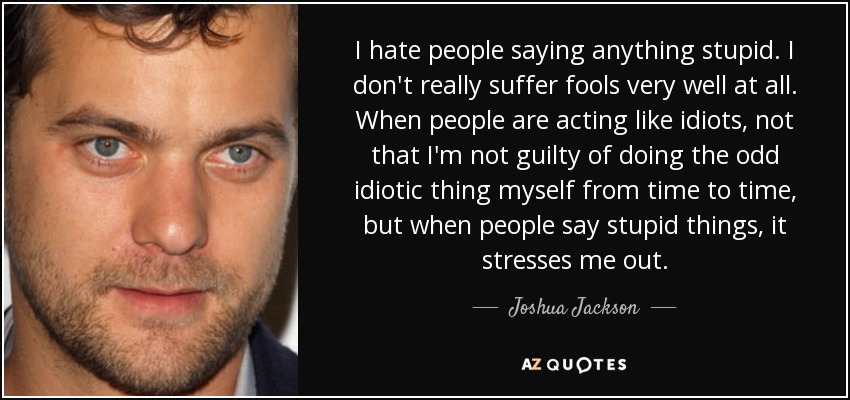 I hate people saying anything stupid. I don't really suffer fools very well at all. When people are acting like idiots, not that I'm not guilty of doing the odd idiotic thing myself from time to time, but when people say stupid things, it stresses me out. - Joshua Jackson